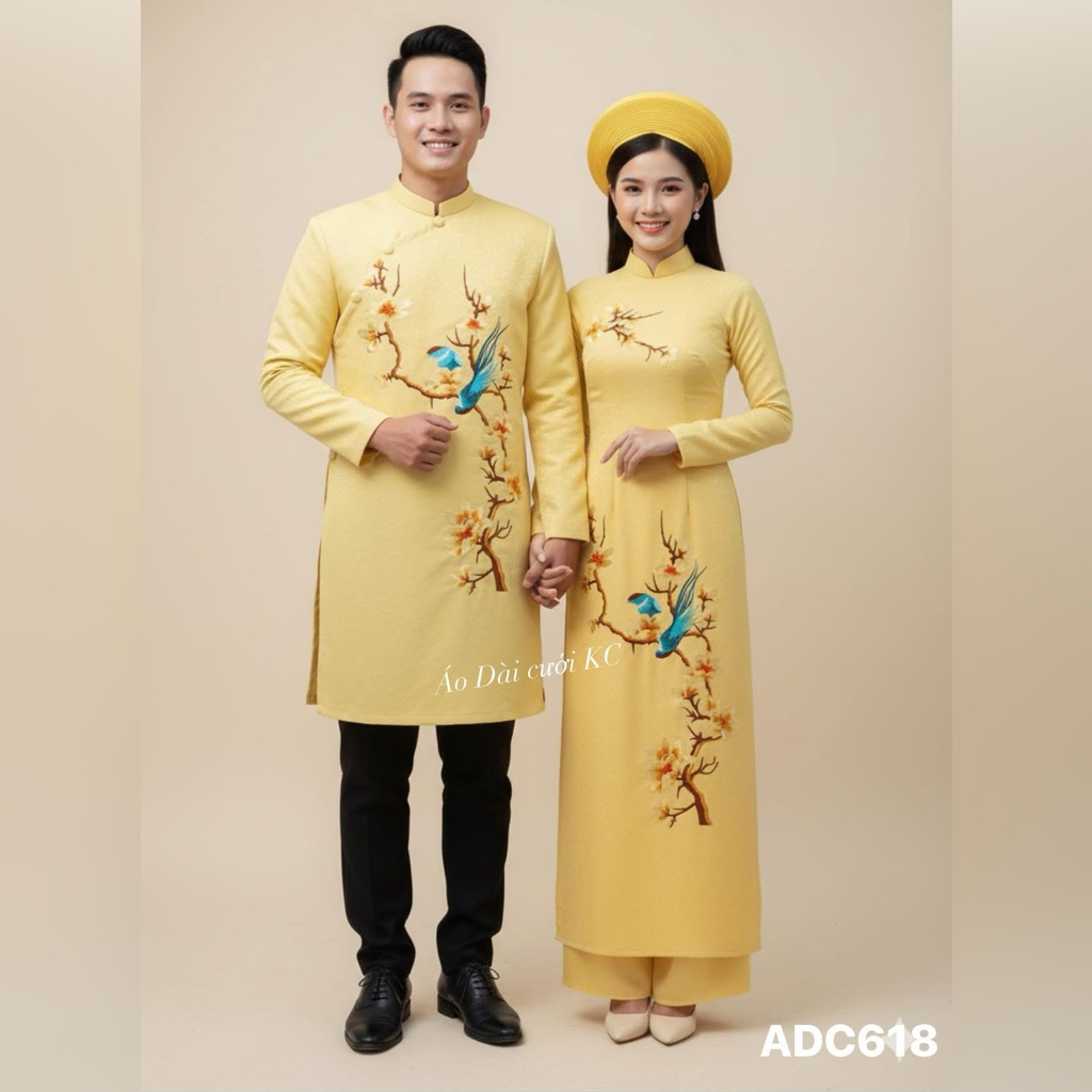 Yellow Traditional Aodai With Bird Embroidery